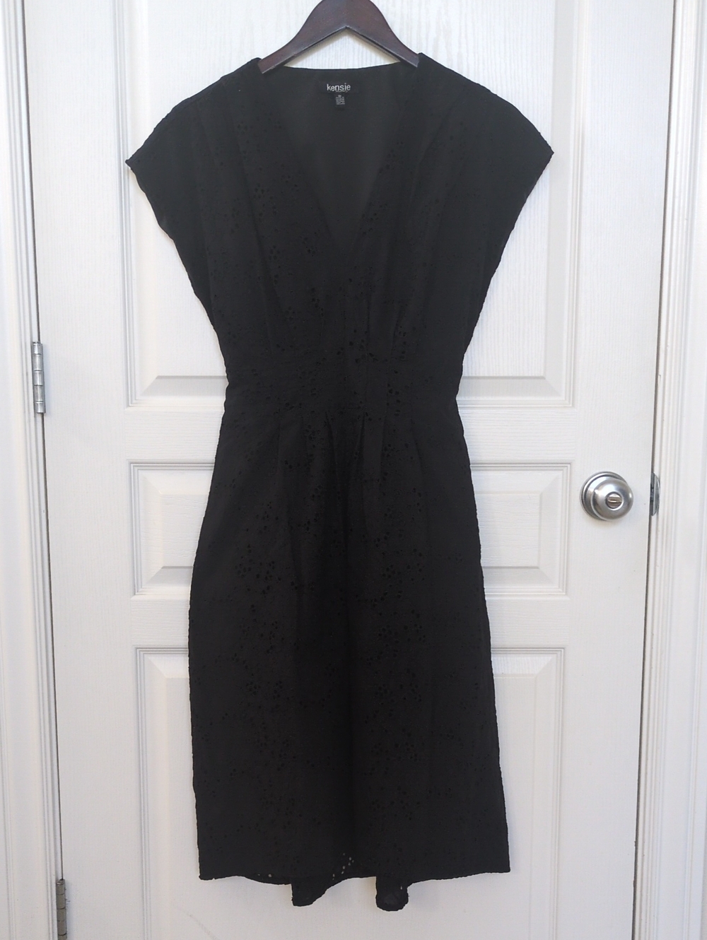 kensie Black Eyelet V-Neck Midi Dress with Cap Sleeves